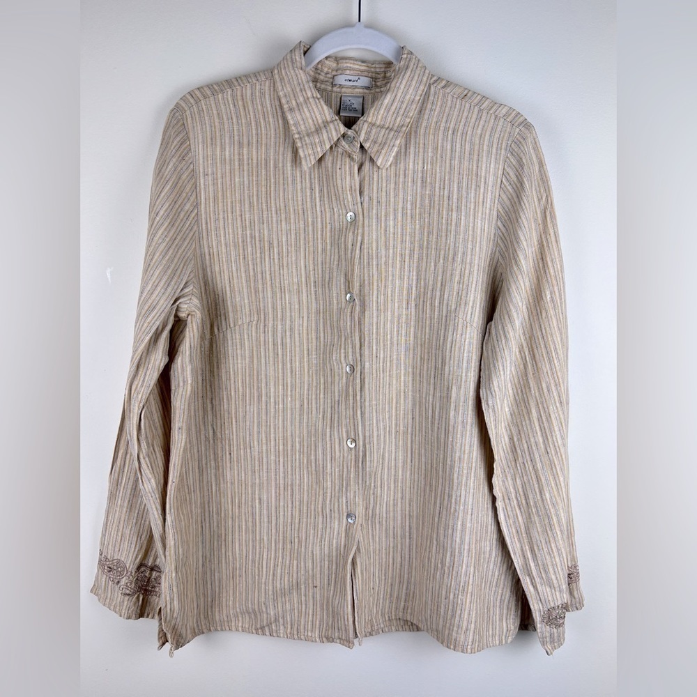 Edward | Boho Coastal Grandma Linen Striped Button Down Shirt Embroidered | XL